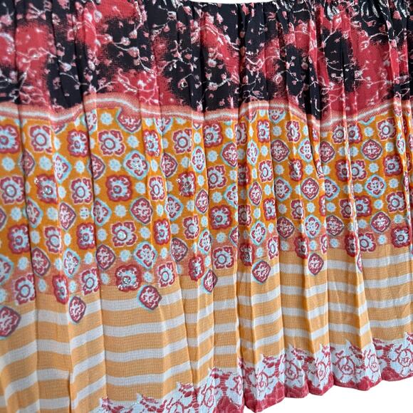 Vintage USA Made Crinkle Pleat Midi Skirt Chocolate Brown Patchwork Print Size L - Picture 5 of 7